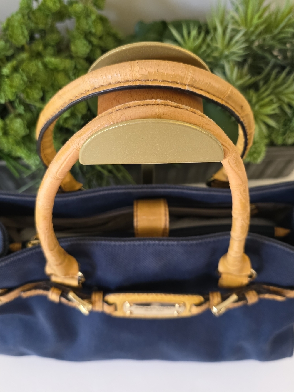Michael Kors Hamilton East/West Large Tote Navy Canvas Leather Trim Crossbody - Picture 3 of 16